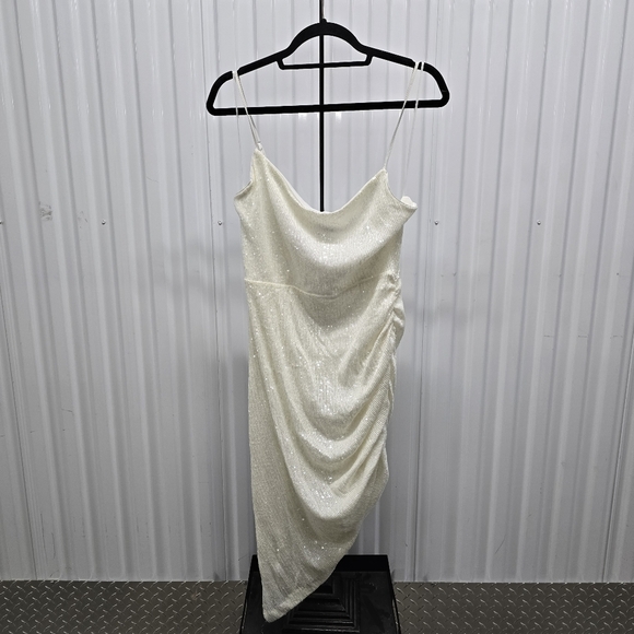 Express Cocktail & Party Sequin Cowl Neck Asymmetrical Hem Midi Dress - Picture 2 of 10